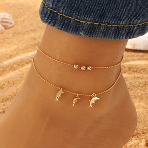 Double-layer gold dolphin anklet with bead chains for women beach jewelry accessories