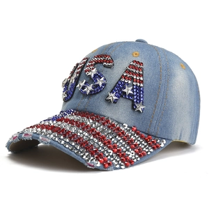 Denim baseball cap featuring USA rhinestone letters and stars with a fully studded brim