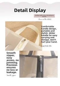 Detail view of the wide handle design and smooth zipper on a mesh travel shoe storage bag