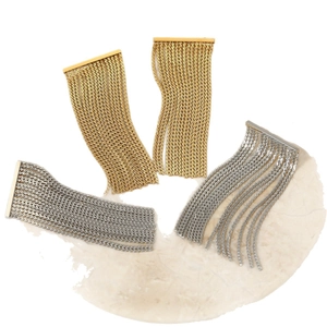 Minimalist S-shaped gold and silver stainless steel tassel earrings in a fan layout