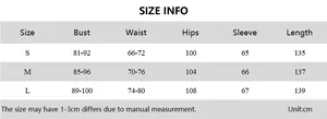 Detailed size chart for off-shoulder dress showing bust, waist, and length measurements