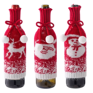 Christmas wine bottle covers set featuring Santa Snowman and Reindeer knitted designs