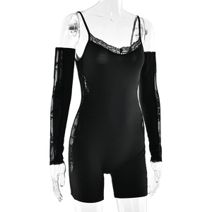 Detail of black slim-fit romper with delicate lace patchwork and matching sleeves