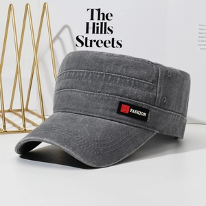 Classic washed dark grey cotton flat top military cap with fashion side label embroidery