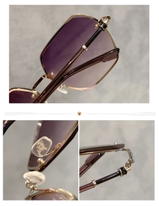 Detail view of purple gradient lenses and leopard head metal hinge on rimless sunglasses