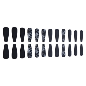 Matte black long coffin press-on nails with white snowflake Christmas designs 24pcs set