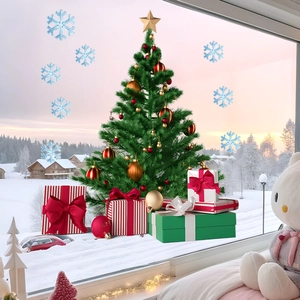 Detailed Christmas tree window static sticker with gift boxes on snowy background