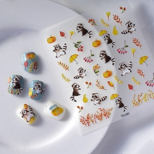5D embossed autumn nail stickers featuring cute raccoons and pumpkins, model TS-090