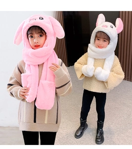 Pink and white plush rabbit hats with moving ears, combined scarf and gloves design