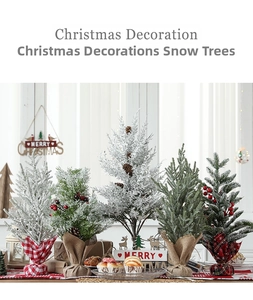Mini artificial Christmas trees with snow, pine cones, and festive fabric wrapped bases
