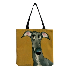 Artistic yellow canvas tote bag with black handles and a grey hound dog print