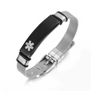 Detail of medical alert bracelet with black silicone tag and adjustable steel mesh band