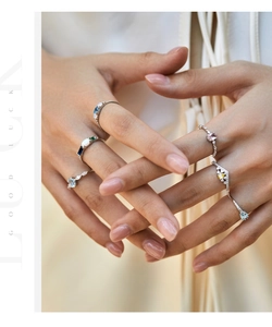 Elegant layered S925 sterling silver rings with colorful opal and sparkling crystals