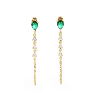 Elegant gold-plated drop earrings with green teardrop zircon and tassel on white background