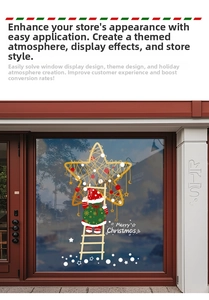 Dettaglio dell'adesivo stella dorata con figura sulla scala e scritta Merry Christmas