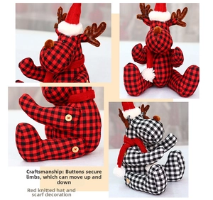 Close-up of button joints and fabric texture on plaid Christmas reindeer plush doll