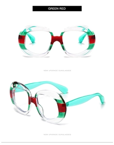 Detail view of round oversized glasses featuring green and red stripes on clear frames