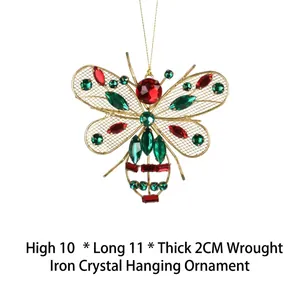 Christmas butterfly ornament with gold wire frame and multicolor crystals, 10x11cm
