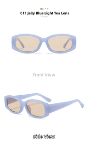 Detail of jelly blue square sunglasses with tea lenses and embossed quilted temple design