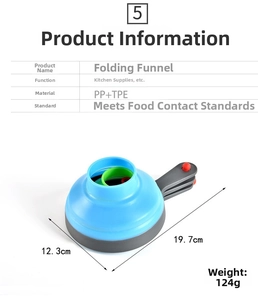 Detailed dimension guide for 3-piece collapsible PP TPE funnel set in blue red and green