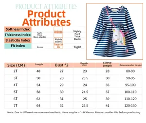 Size guide for girls long sleeve unicorn dress with measurements and fabric properties