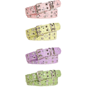 Star-shaped eyelet punk belt in glitter fabric with double-pin metal buckle