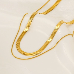 Chic gold-plated titanium steel layered necklace with flat herringbone and fine snake chains