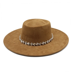 Chapeau Élégant À Bord Large Et Calotte Plate Suédine Polyester Avec Bande De Strass Style Hepburn Vintage Femme Mode