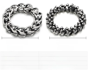 Detail view of two punk style stainless steel skull link bracelets with size measurements