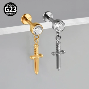 Titanium G23 sword pendant body piercing with cubic zirconia in gold and silver finish