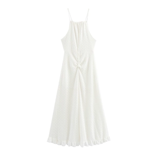 Halter Maxi Dress Textured Knit Backless Long Gown Ruffle Hem Solid Color Sexy Elegant Sleeveless For Women