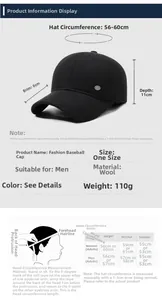 Size guide for men's winter wool baseball cap with brim depth and head circumference