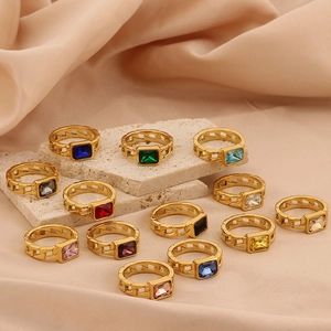 Vintage 18K gold plated stainless steel rings with colorful square zircon stones