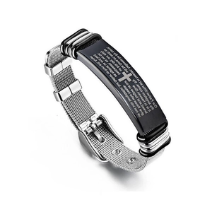Detail of silver mesh bracelet featuring a black plate with engraved cross and scripture