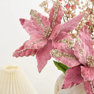 Elegante grande fiore di Natale artificiale rosa con glitter dorati per decorazioni