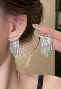 Vue détaillée des boucles d'oreilles à franges argentées avec un design de branche naturelle