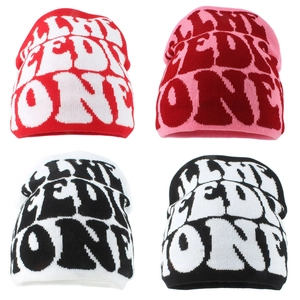 Knit beanies with jacquard lettering in four color variants for autumn and winter