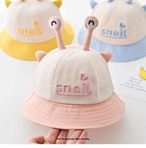 Detail of soft cotton baby bucket hats with cute snail embroidery and 3D horns design