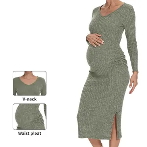 Maternity Ribbed Knit Dress V Neck Long Sleeve Side Slit High Waist Pleated Slim Fit Pregnancy Clothing For Women