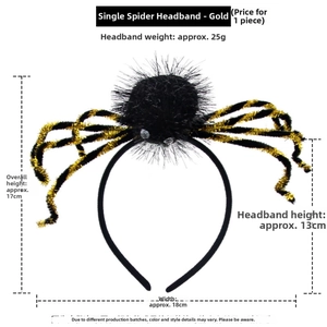 Detailed size specifications of black and gold spider headband with 18cm width measurement