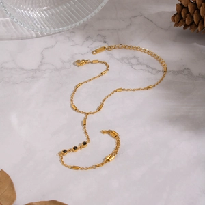 Minimalist 18K gold plated stainless steel chain bracelet with black zircon beads