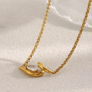18K gold plated stainless steel necklace with teardrop zircon and pearl link chain