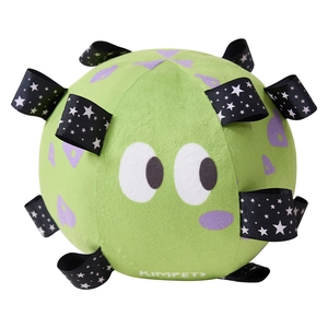 Green plush dog soccer ball with purple spots and black star-patterned handles