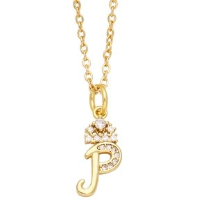 Detailed view of a gold lowercase letter P necklace pendant with a sparkling crown top