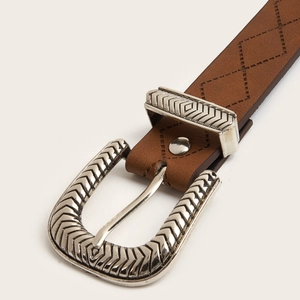 Brown textured leather belt with decorative silver metal buckle and diamond stitching
