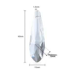 Detail of tear-drop crystal pendant showing precise height of 49mm and faceted AB glass texture