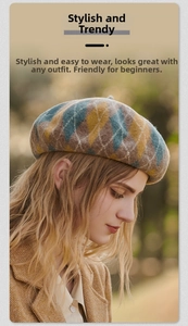 Close-up of a warm wool knit beret with a vintage argyle pattern and soft texture