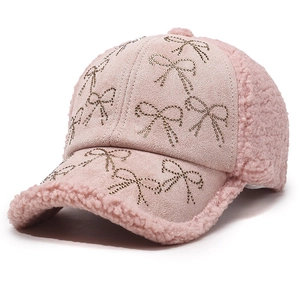 Pink lamb wool baseball cap with sparkling rhinestone bows for autumn and winter season