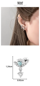 Detail of silver heart wing earring with blue zircon and exact size measurements