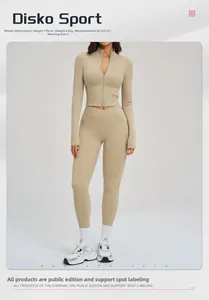 Detail of beige yoga set featuring a V-cross waistband and zip-up long sleeve top